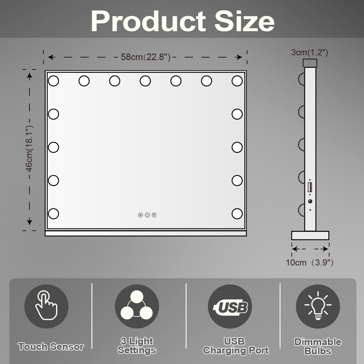 Hollywood LED Vanity Mirror Rectangle White Silver Wall Mirror