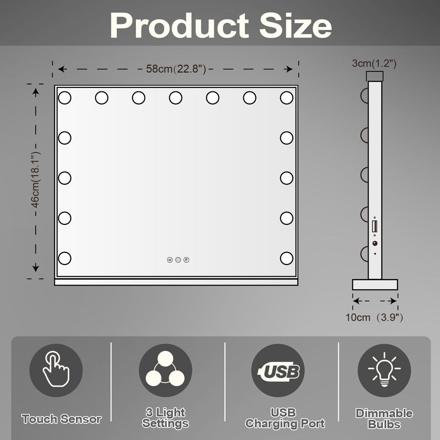Hollywood LED Vanity Mirror Rectangle White Silver Wall Mirror