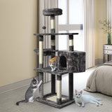 Large Grey Cat Tree Tower Condo with Scratching Post Bed - Front View