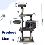 Large Grey Cat Tree Tower Condo with Scratching Post Bed - Side View