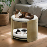 Elevated Double Cat Bed 2-Tier Wooden Plush Kitten Lounge - Low Angle
