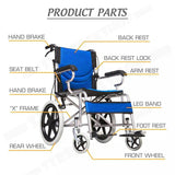 16 Lightweight Foldable Wheelchair Flat-Free Tires Handbrakes - 45-Degree Angle
