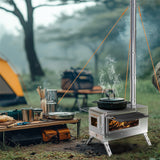 Stainless Steel Wood Burning Stove 1 Burner Camping BBQ with Chimney - Rear View