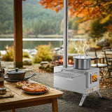 Stainless Steel Wood Burning Stove 1 Burner Camping BBQ with Chimney - Close-Up Angle