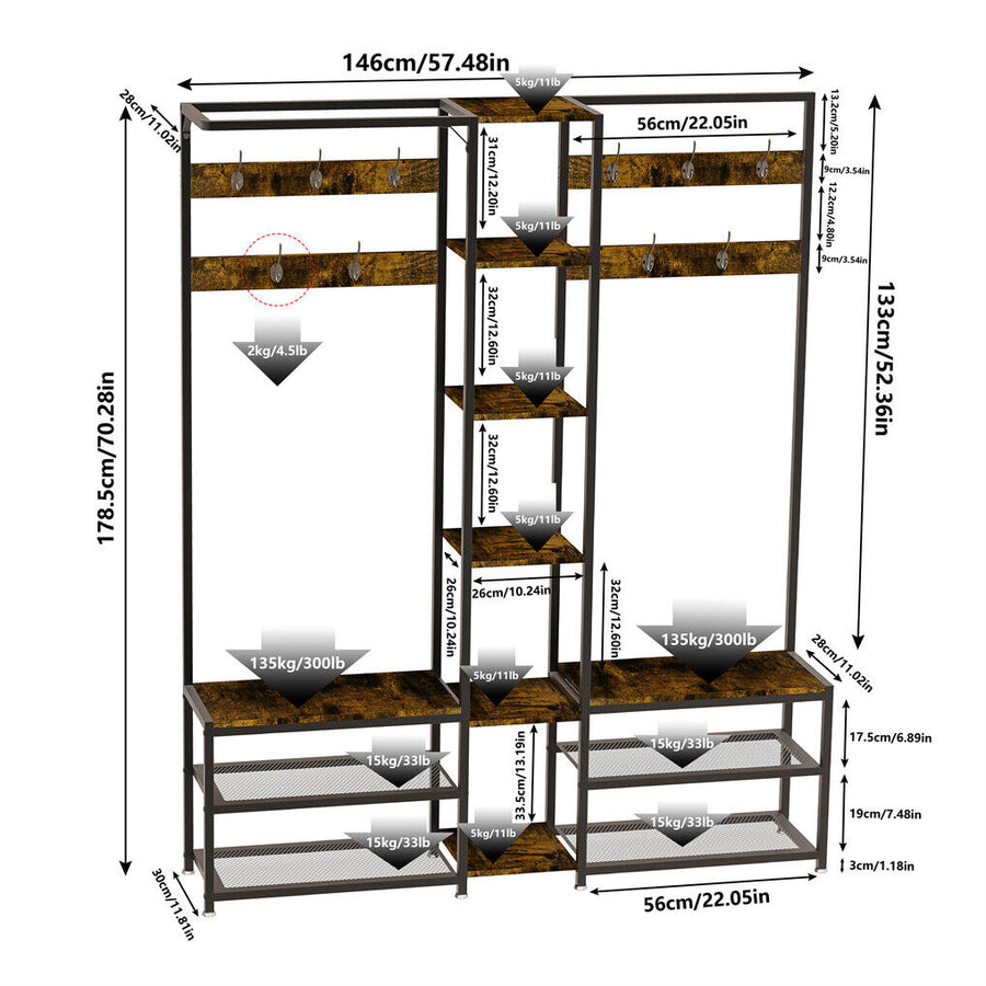 Corner Coat Stand with Shoe Bench Metal & MDF Organizer
