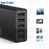 40W 5-Port USB Wall Charger Fast AC Adapter Multi Travel - 45-Degree Angle