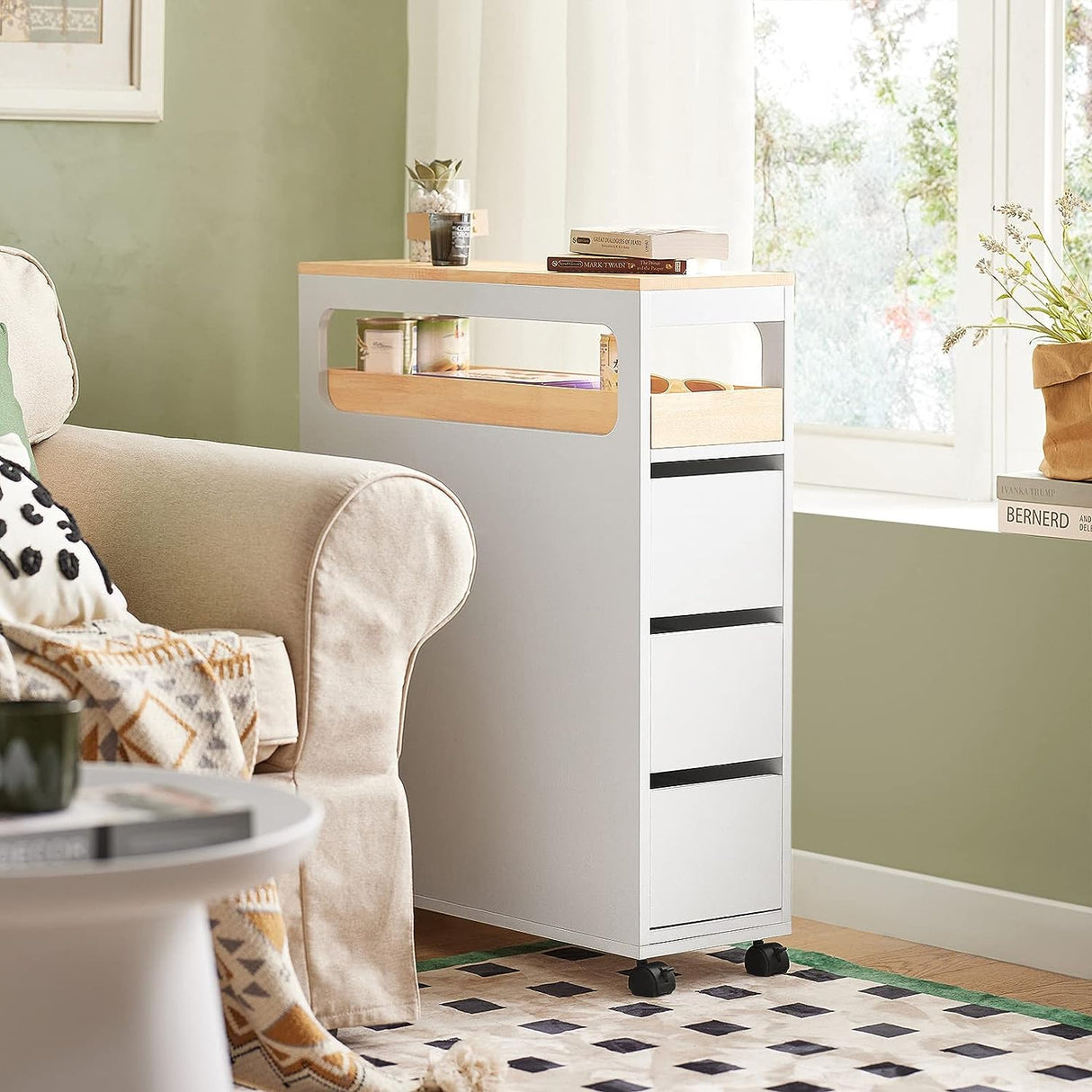 Slim Rolling Storage Cabinet with Tray and Drawers