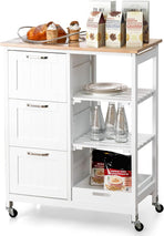 Mobile kitchen island on wheels with 3 drawers, open shelves and removable tray