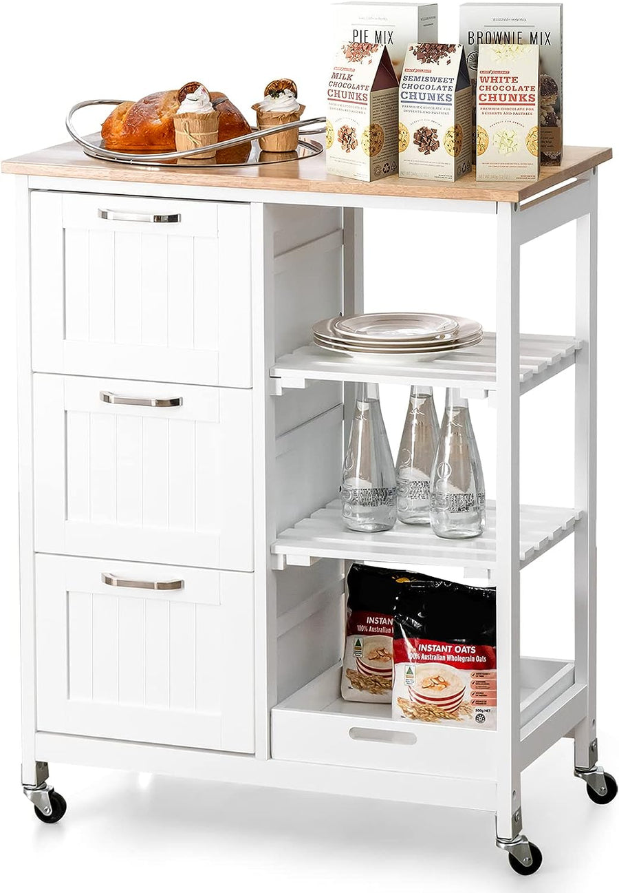 Mobile kitchen island on wheels with 3 drawers, open shelves and removable tray