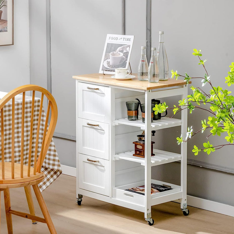 Mobile kitchen island on wheels with 3 drawers, open shelves and removable tray, 3 pull-out drawers