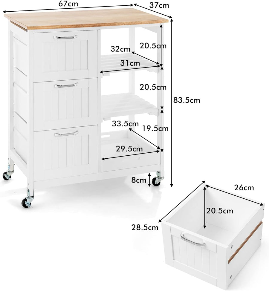 Mobile kitchen island on wheels with 3 drawers, open shelves and removable tray, removable tray with handles
