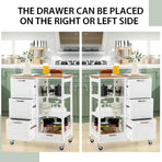 Mobile kitchen island on wheels with 3 drawers, open shelves and removable tray, 2 open shelves