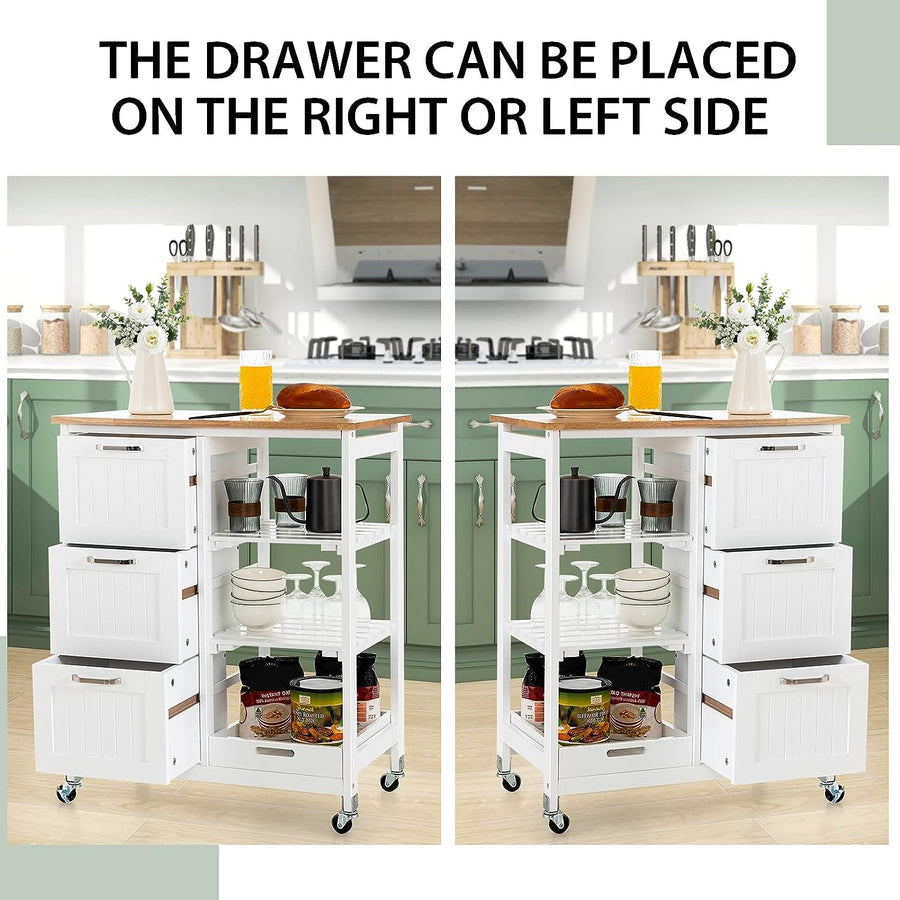 Mobile kitchen island on wheels with 3 drawers, open shelves and removable tray, 2 open shelves