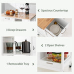 Mobile kitchen island on wheels with 3 drawers, open shelves and removable tray, lockable iron casters