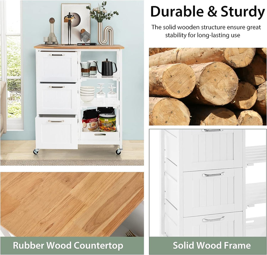 Mobile kitchen island on wheels with 3 drawers, open shelves and removable tray, rubber wood countertop