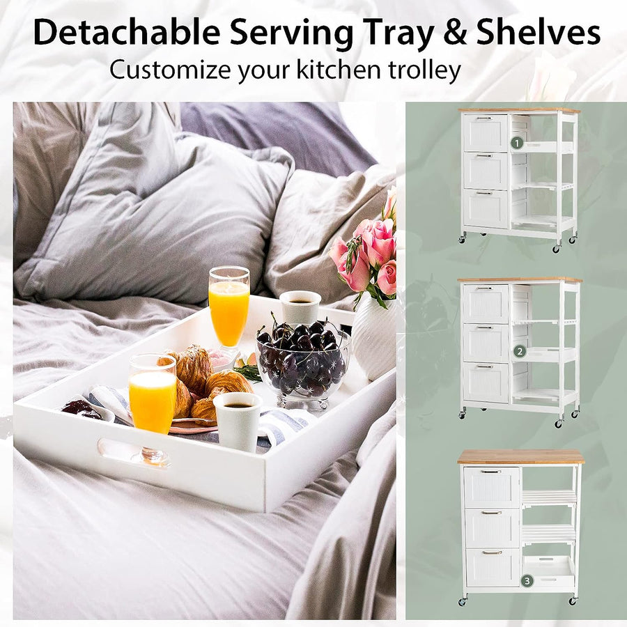 Mobile kitchen island on wheels with 3 drawers, open shelves and removable tray, image 8