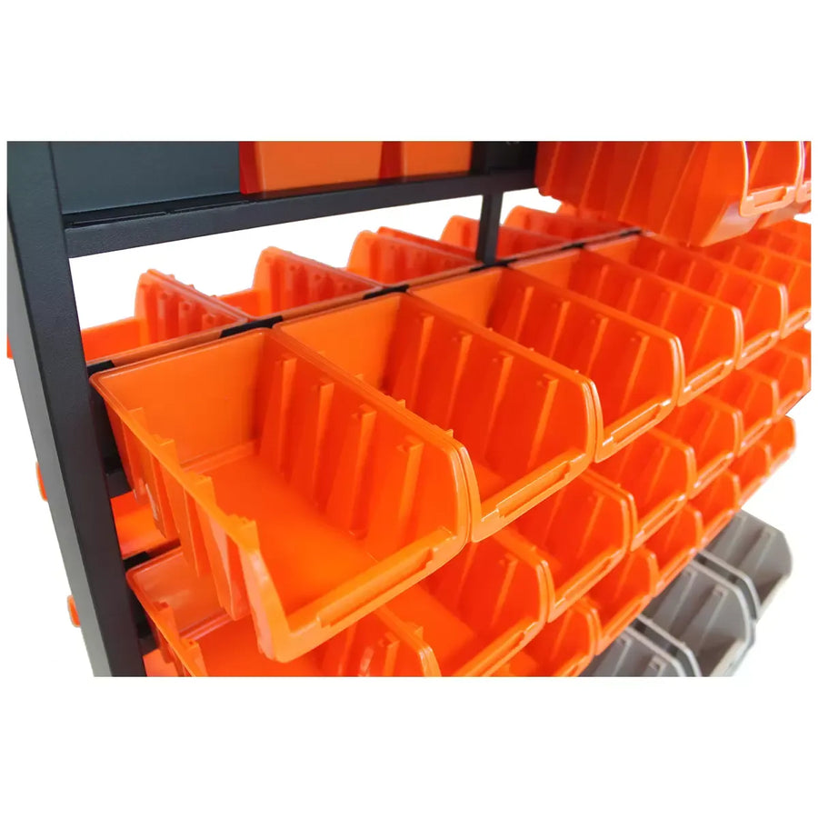 Black Dual Sided Bin Rack with 64 Orange Bins and 30 Grey Bins for Home, Garage, or Workshop Storage