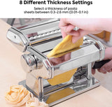 Pasta Maker Manual Steel Machine with 8 Adjustable Thickness Settings - 45-Degree Angle
