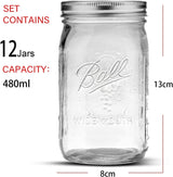 12 Pieces Canning Jars - 480ml Mason Jar Empty Glass Spice Bottles with Airtight Lids and Labels - Top-Down View