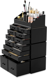 Makeup Cosmetic Organizer Storage with 12 Drawers Display Boxes (Black) - Front View