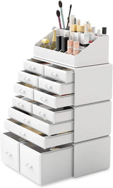 Makeup Cosmetic Organizer Storage with 12 Drawers Display Boxes (White) - Front View