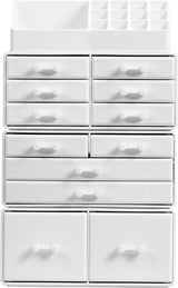 Makeup Cosmetic Organizer Storage with 12 Drawers Display Boxes (White) - 45-Degree Angle