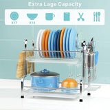 Stainless Steel 2-Tier Dish Drying Rack with Utensil Holder, Cutting Board Holder and Dish Drainer for Kitchen Counter (Silver) - Front View