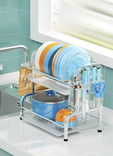 Stainless Steel 2-Tier Dish Drying Rack with Utensil Holder, Cutting Board Holder and Dish Drainer for Kitchen Counter (Silver) - Rear View