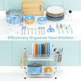Stainless Steel 2-Tier Dish Drying Rack with Utensil Holder, Cutting Board Holder and Dish Drainer for Kitchen Counter (Silver) - Close-Up Angle