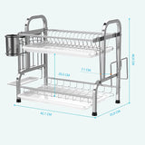 Stainless Steel 2-Tier Dish Drying Rack with Utensil Holder, Cutting Board Holder and Dish Drainer for Kitchen Counter (Silver) - Low Angle