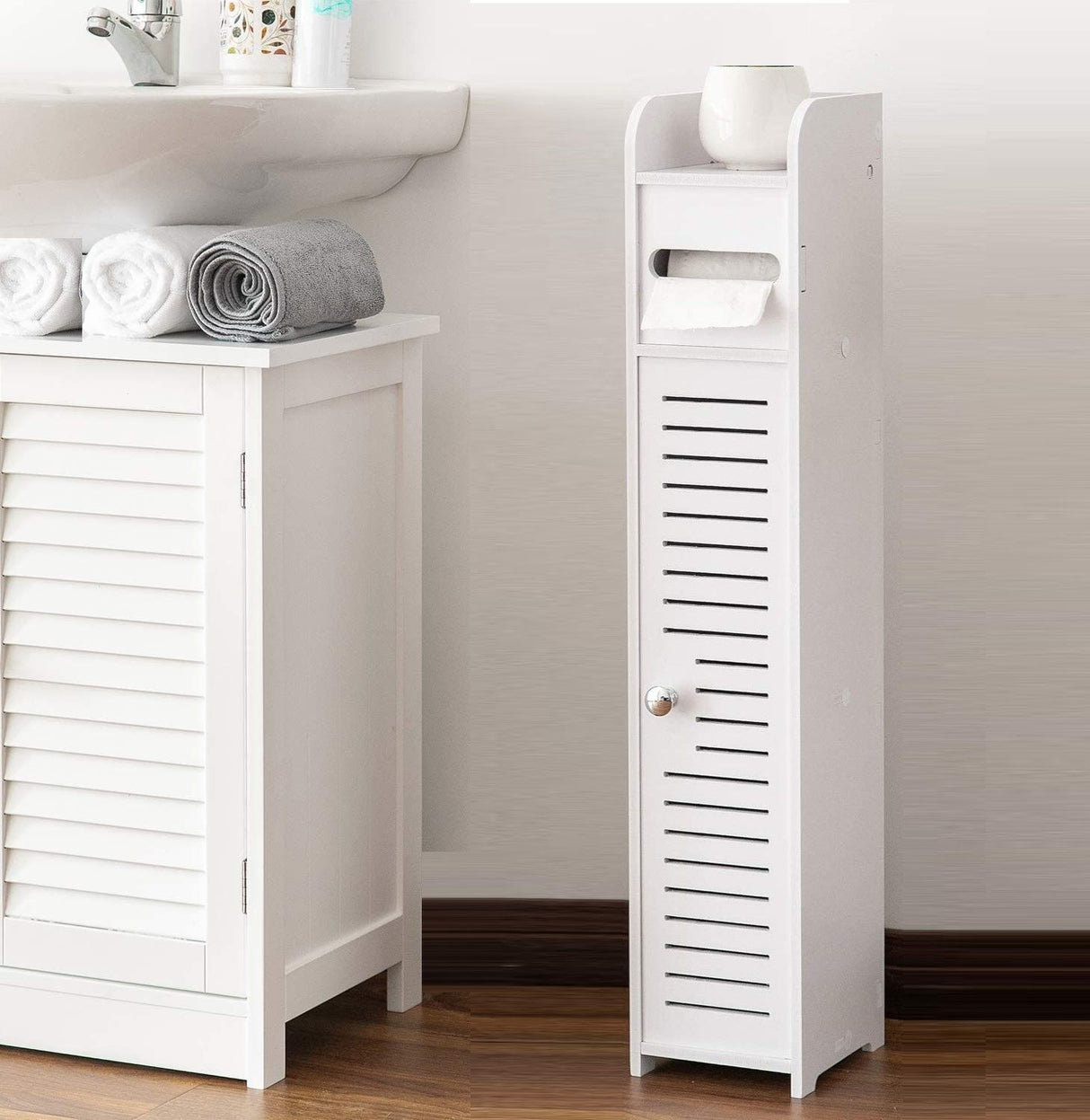Compact White Toilet Paper Holder with Open Storage Shelf (80 cm)