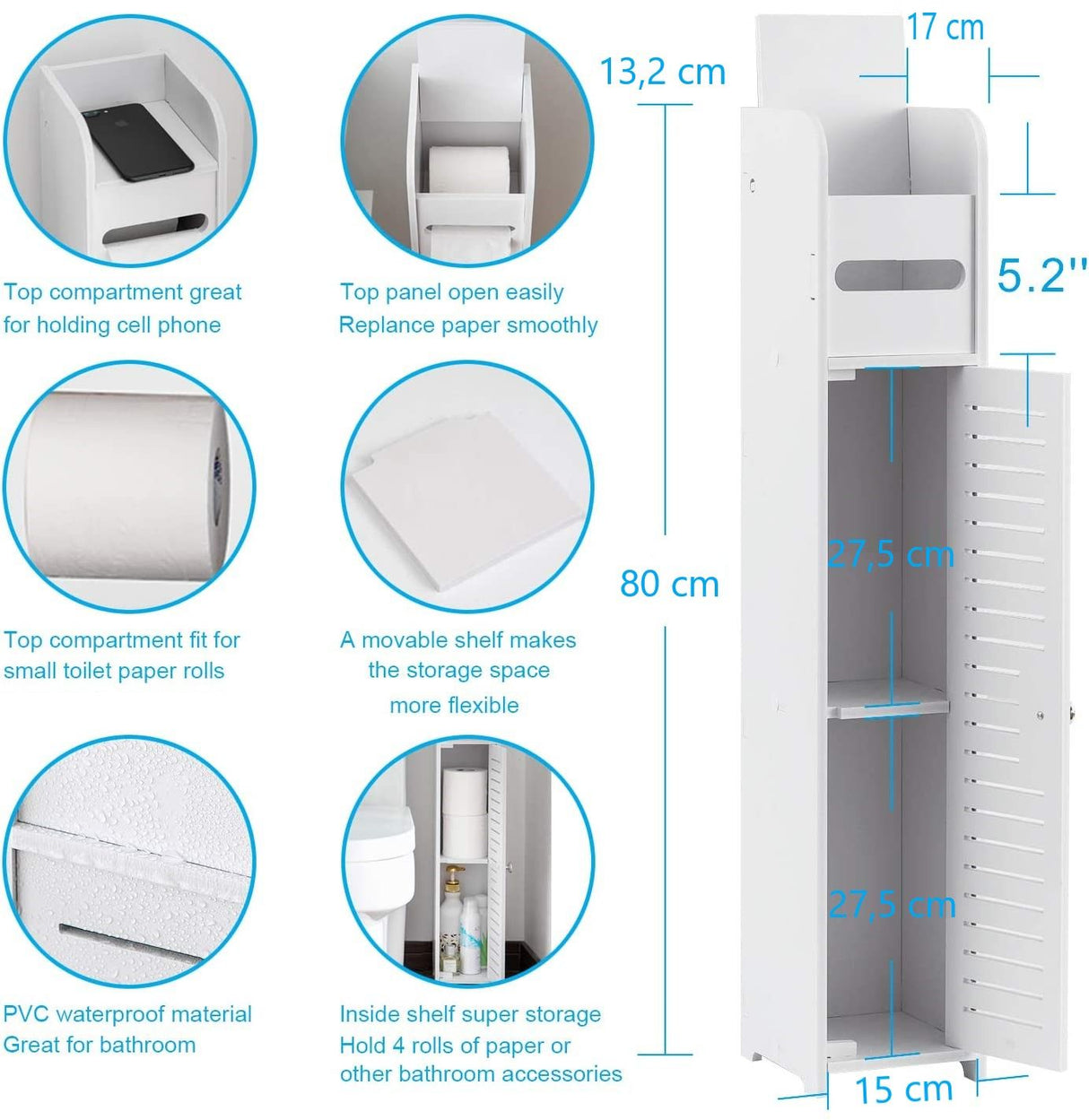 Compact White Toilet Paper Holder with Open Storage Shelf (80 cm)