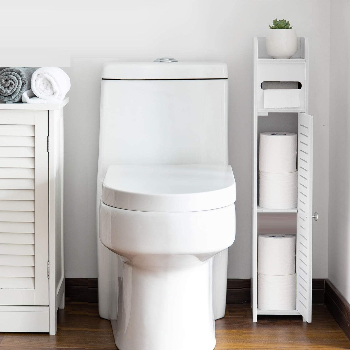 Compact White Toilet Paper Holder with Open Storage Shelf (80 cm)