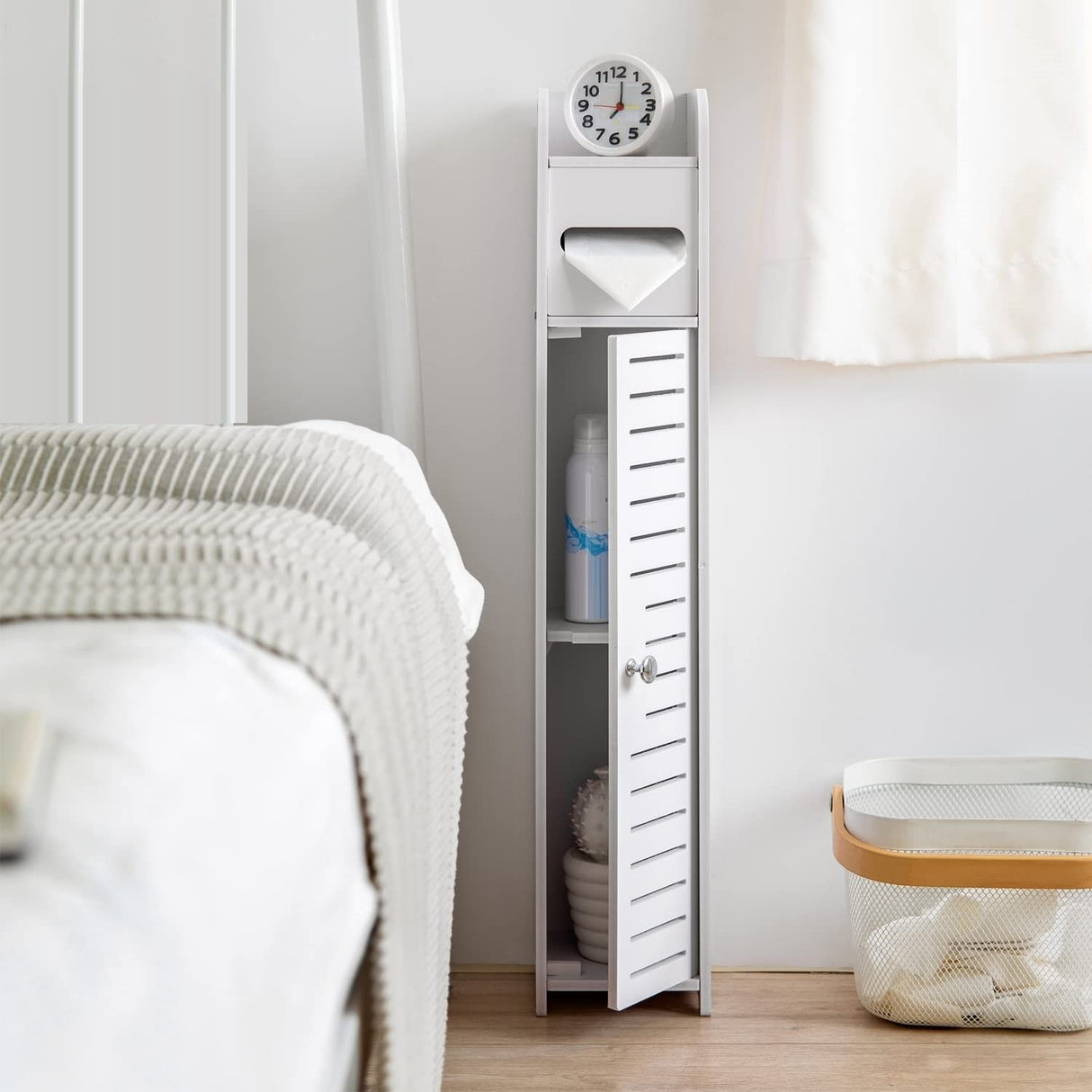 Compact White Toilet Paper Holder with Open Storage Shelf (80 cm)