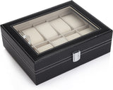 Black PU Leather Watch Organizer Display Storage Box Cases for Men & Women (10 slots) - Front View