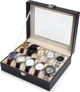 Black PU Leather Watch Organizer Display Storage Box Cases for Men & Women (10 slots) - Rear View