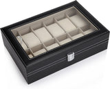Black PU Leather Watch Organizer Display Storage Box Cases for Men & Women (12 slots) - Front View