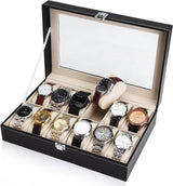 Black PU Leather Watch Organizer Display Storage Box Cases for Men & Women (12 slots) - Rear View
