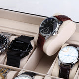 Black PU Leather Watch Organizer Display Storage Box Cases for Men & Women (12 slots) - Close-Up Angle