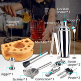 Premium 12-Piece Stainless Steel Cocktail Shaker Set with Bamboo Storage Rack - Front View