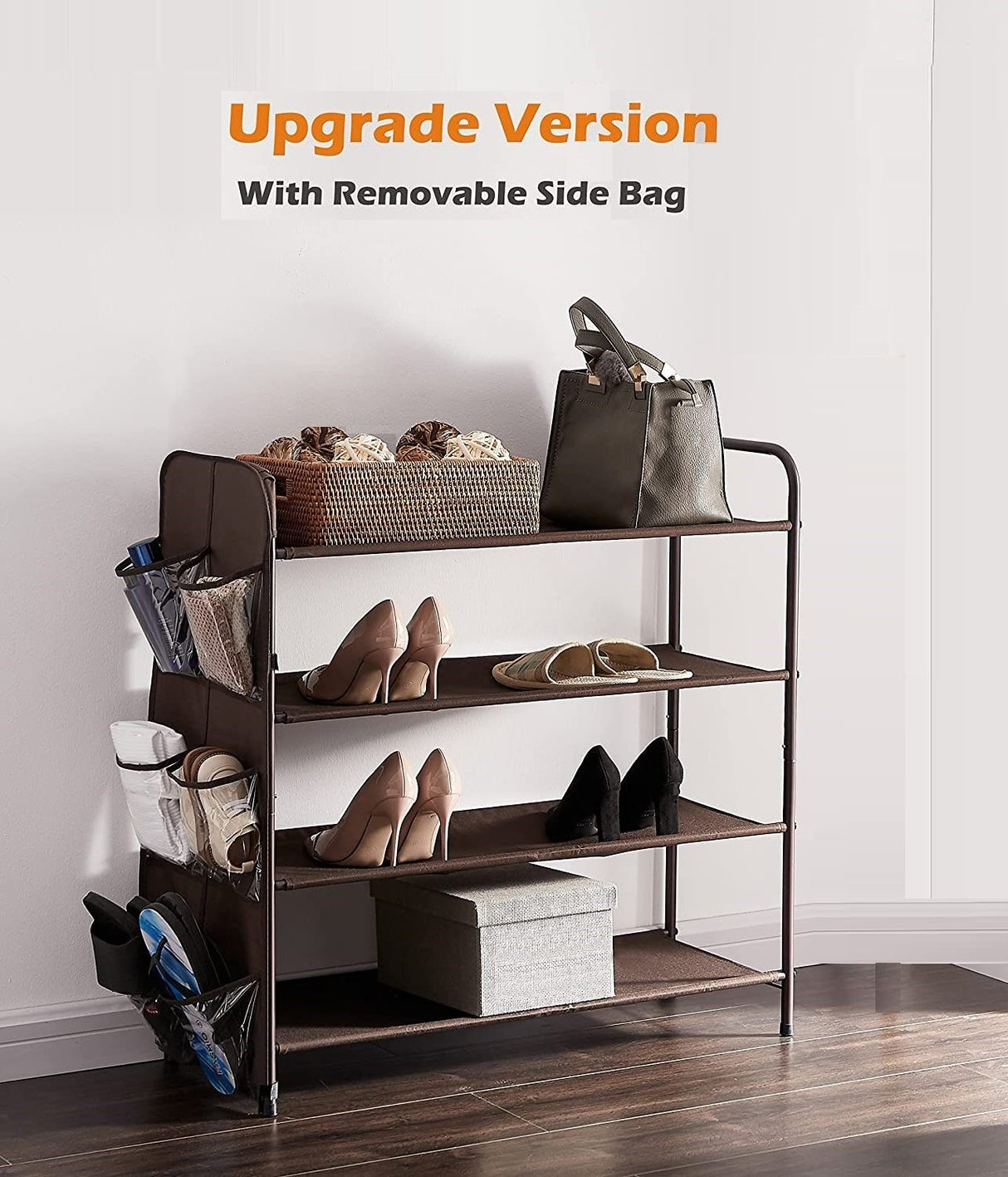 Bronze 4-Tier Metal Shoe Rack with Side Storage for Entryway and Bedroom