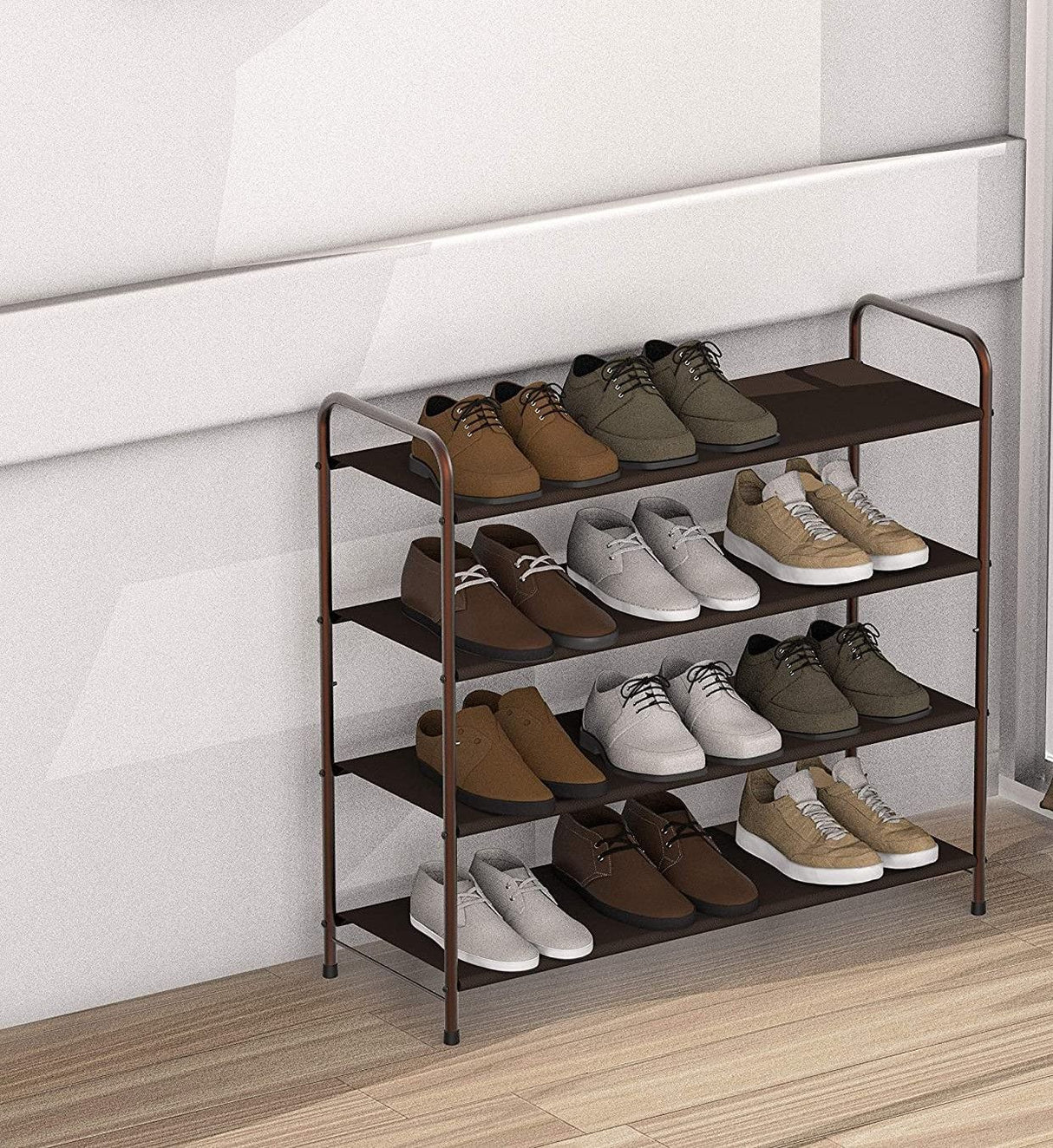 Bronze 4-Tier Metal Shoe Rack with Side Storage for Entryway and Bedroom