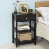 Black Bedside Table with 1 Drawer and 2 Shelves - Front View