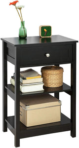 Black Bedside Table with 1 Drawer and 2 Shelves - Rear View