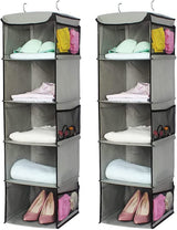 2 Pack 5 Foldable Shelf Hanging Closet Organizer Space Saver with Side Accessories Pockets for Clothes Storage - 45-Degree Angle