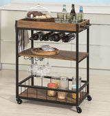 Industrial Vintage Style Wood Metal 3 Tiers Kitchen Serving Trolley with Wine Rack (Brown) - Front View