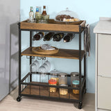 Industrial Vintage Style Wood Metal 3 Tiers Kitchen Serving Trolley with Wine Rack (Brown) - Top-Down View