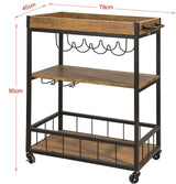 Industrial Vintage Style Wood Metal 3 Tiers Kitchen Serving Trolley with Wine Rack (Brown) - 45-Degree Angle
