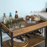 Industrial Vintage Style Wood Metal 3 Tiers Kitchen Serving Trolley with Wine Rack (Brown) - Rear View