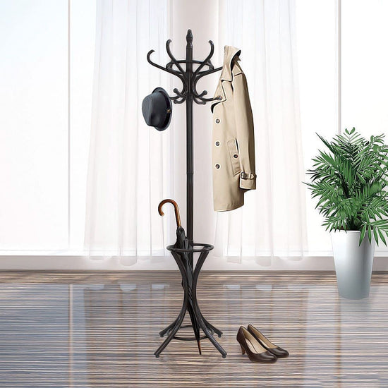 Walnut Wood Coat Rack with 12 Hooks and Umbrella Stand - Brown Rotating Hat Hanger